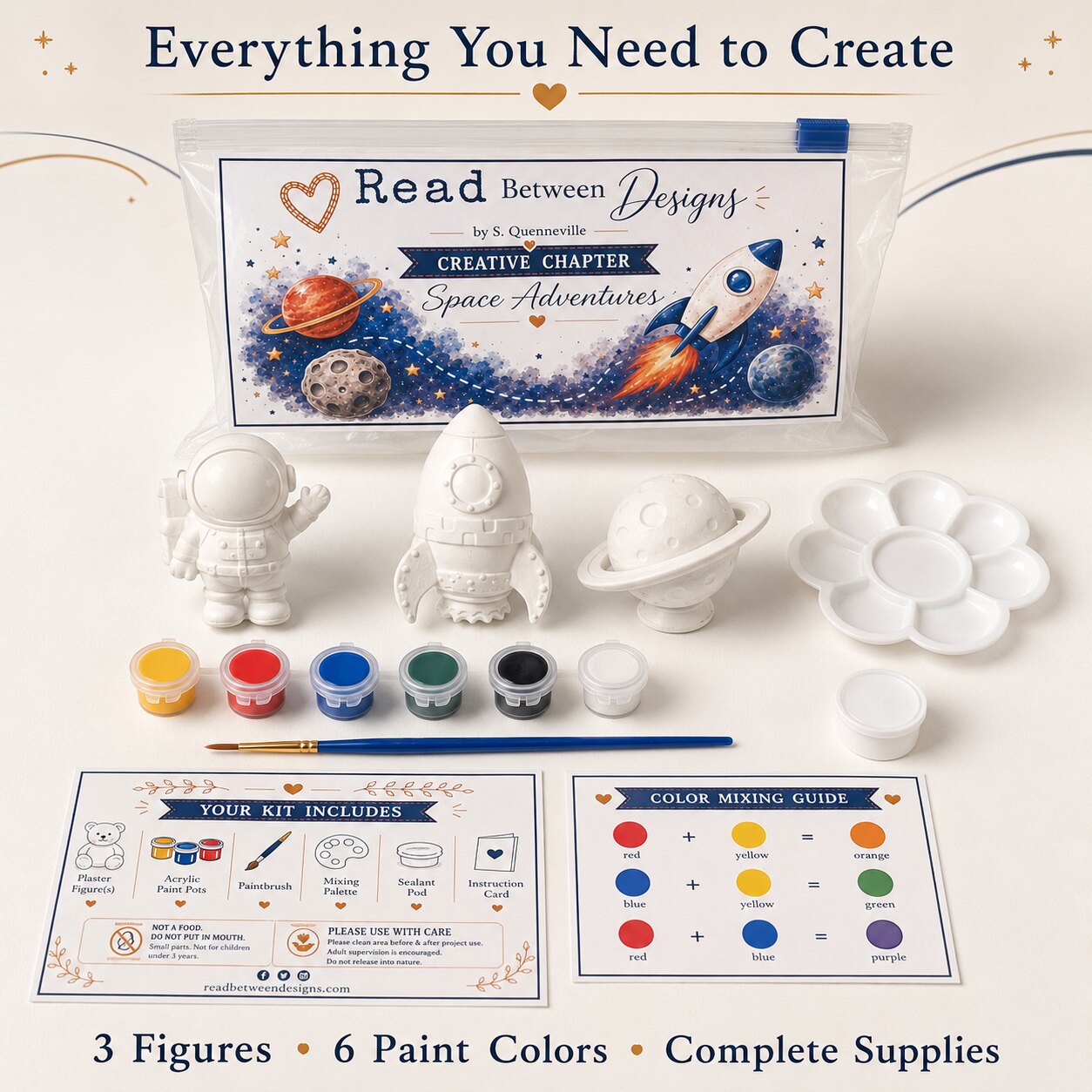 Creative Chapters Space Adventures paint kit with plaster figures, paints, brush, palette, and instruction cards