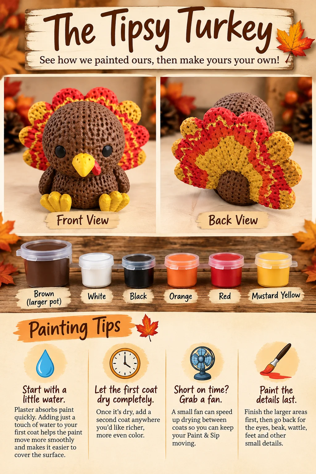 The Tipsy Turkey Paint and Sip painting guide with front and back views, included paint colors, and painting tips